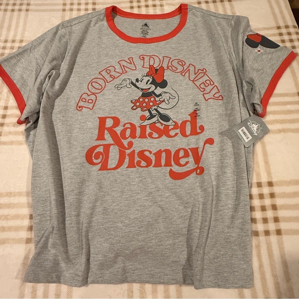 Disney Parks Minnie Mouse Born Disney Raised Disney Ringer Tee Gray Red 3X NWT
